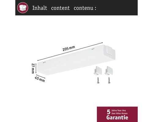 Inhoud: Onderbouwlamp met afmetingen 205 mm x 45 mm x 27 mm en twee bevestigingsklemmen met schroeven. Vijf jaar garantie.