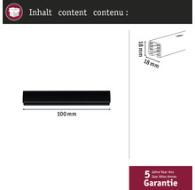 Productverpakking met de afmetingen van het product en de vermelding van de garantie van 5 jaar