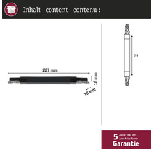 Technische tekening van een kastconnector met afmetingen en 5 jaar garantie