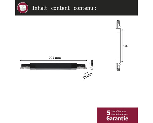 Technische tekening van een kastconnector met afmetingen en 5 jaar garantie