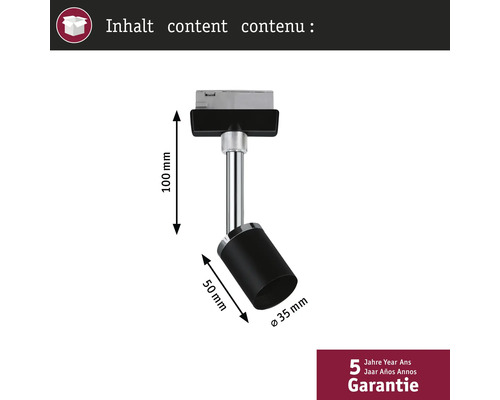 Railspot met de afmetingen 100 mm, 50 mm en 35 mm in detail.