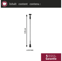 Tekening met de afmetingen van de pendelarmatuur: 135 centimeter lang, 44 millimeter doorsnede