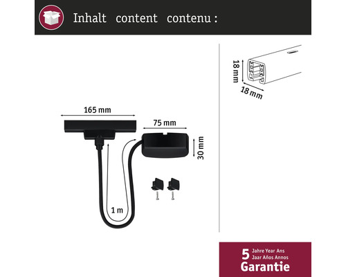 Inhoud van het product met maataanduidingen en vijf jaar garantie