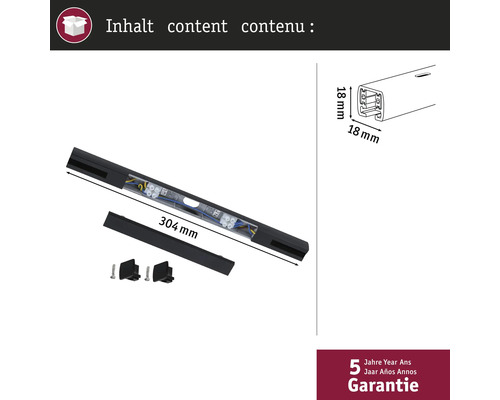 Binnenaanzicht van een 304 millimeter lange ledlamp met accessoires en afmetingen, inclusief 5 jaar garantie