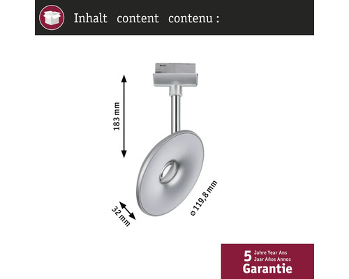 Afbeelding van een enkele zilverkleurige plafondlamp met de afmetingen 183 millimeter hoogte en 119,8 millimeter diameter, evenals de garantie van 5 jaar