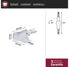 Afbeelding van een stroomrailconnector met maatgegevens en garantie-informatie