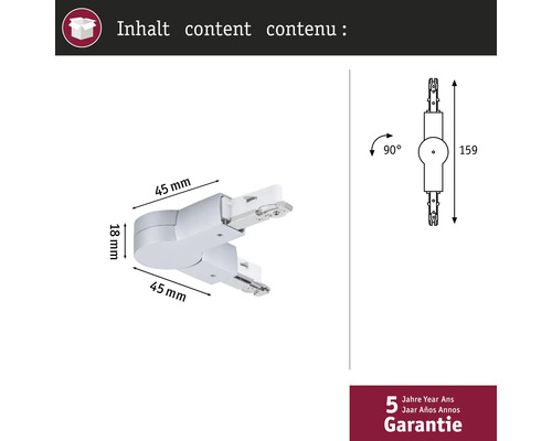 Afbeelding van een stroomrailconnector met maatgegevens en garantie-informatie