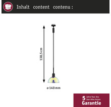 Afmetingen van de hanglamp: 138,5 centimeter hoog en 140 millimeter diameter
