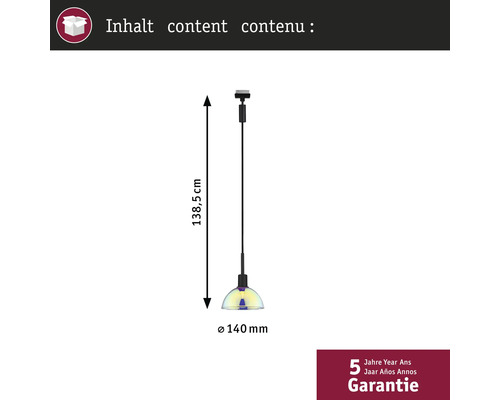 Afmetingen van de hanglamp: 138,5 centimeter hoog en 140 millimeter diameter