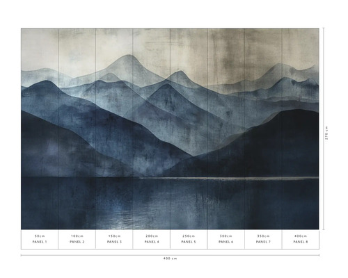 Fotobehang met berg- en zeemotief, bestaande uit acht panelen, totale afmeting 400 cm x 270 cm