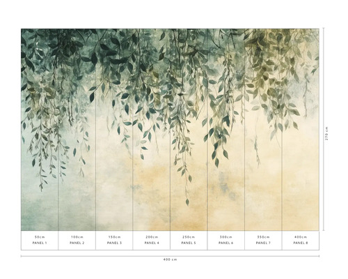 Wandafbeelding met botanisch bladerenmotief en maatvoering