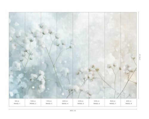 Wandafbeelding met bloemmotief en maataanduidingen.