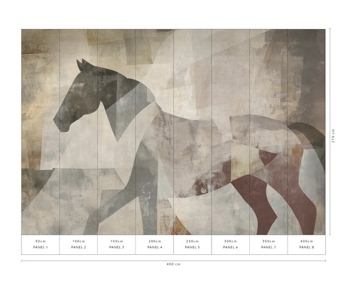 Wandafbeelding met abstract paardenmotief, bestaande uit acht panelen