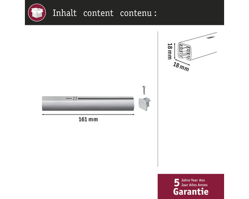 Inhoud van het product met afmetingen en 5 jaar garantie