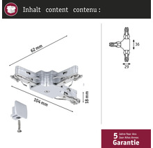 Afbeelding van een meubelconnector met maatgegevens en garantie-informatie