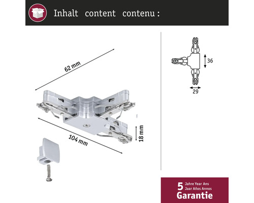 Afbeelding van een meubelconnector met maatgegevens en garantie-informatie