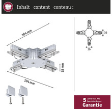 Afbeelding van een zilverkleurig verbindingsstuk met de afmetingen 104 mm x 104 mm en een hoogte van 18 mm, inclusief twee klemmen en vijf jaar garantie.