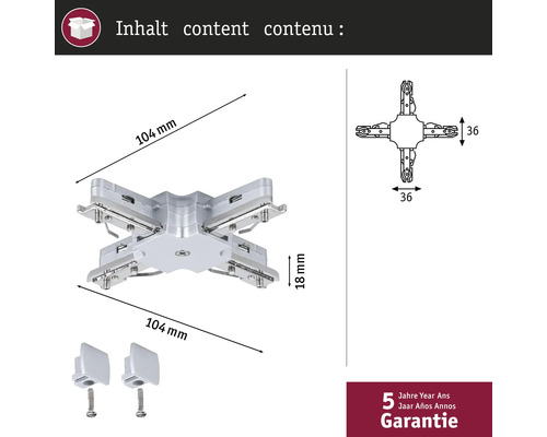 Afbeelding van een zilverkleurig verbindingsstuk met de afmetingen 104 mm x 104 mm en een hoogte van 18 mm, inclusief twee klemmen en vijf jaar garantie.