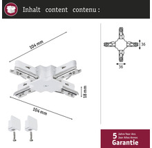 Afbeelding van een railconnector met de afmetingen 104 mm x 104 mm x 18 mm, inclusief twee bevestigingen en vijf jaar garantie