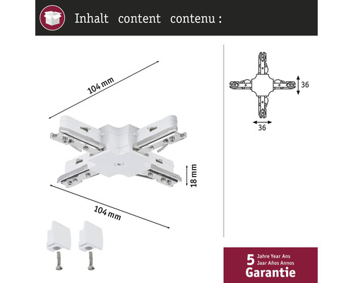 Afbeelding van een railconnector met de afmetingen 104 mm x 104 mm x 18 mm, inclusief twee bevestigingen en vijf jaar garantie