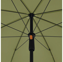 Binnenaanzicht van een open parasol met frame en handvat