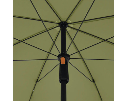 Binnenaanzicht van een open parasol met frame en handvat