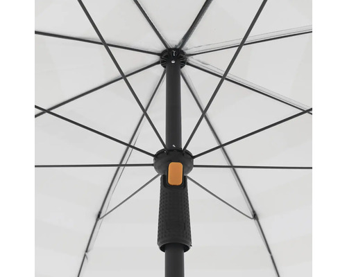 Gedetailleerde weergave van een transparante paraplu met zwart frame en handvat