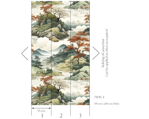 Fotobehang met Aziatisch berglandschapmotief, afmetingen 159 cm x 280 cm