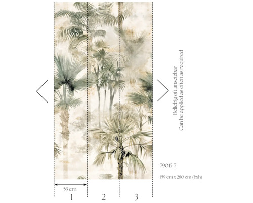 Wandafbeelding met palmmotief, afmetingen 159 cm x 280 cm, zo vaak aan te brengen als nodig