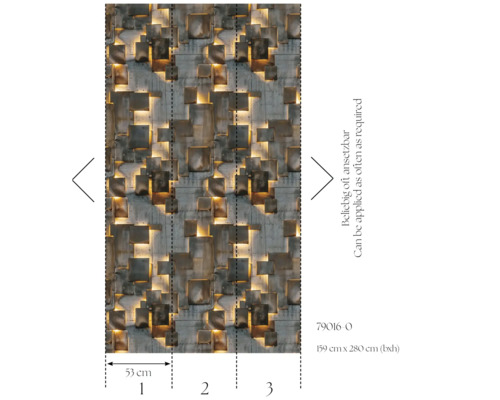 Behang met kubuspatroon en betonlook, aanzet zo vaak als nodig, afmetingen 159 cm x 280 cm