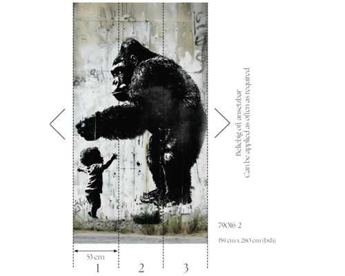 Fotobehang met een gorilla en een kind in streetart-stijl