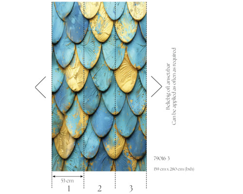 Behang met schubbenpatroon in blauw en goud, kan zo vaak als nodig worden aangebracht