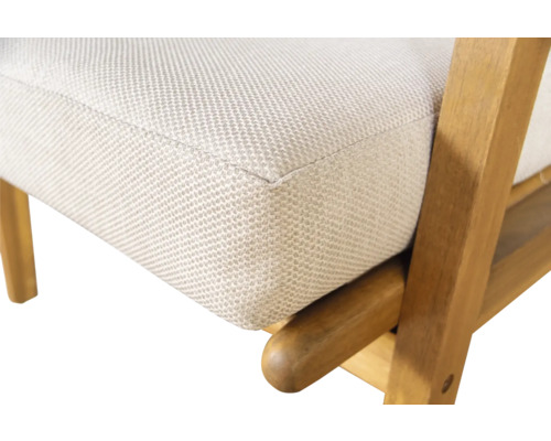 Detailopname van een stoel met houten frame en gestoffeerde zitting