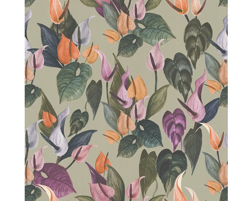 Behang met anthuriums en bladeren
