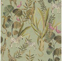 Behang met jungle motief, inclusief zebra's, giraffen, luipaarden, vogels en tropische bladeren