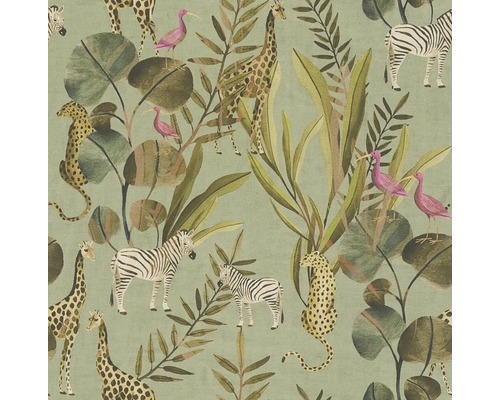Behang met jungle motief, inclusief zebra's, giraffen, luipaarden, vogels en tropische bladeren