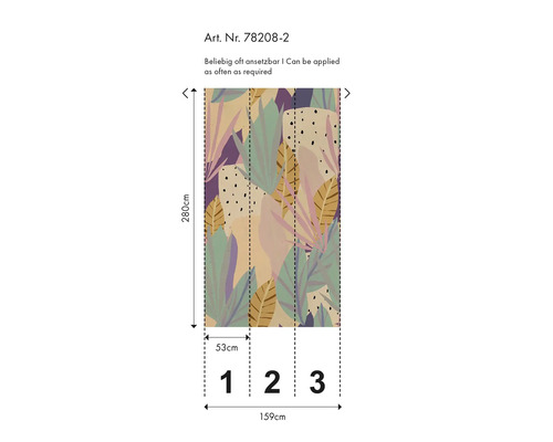 Afbeelding van een behang met abstract plantenpatroon en maatvoering