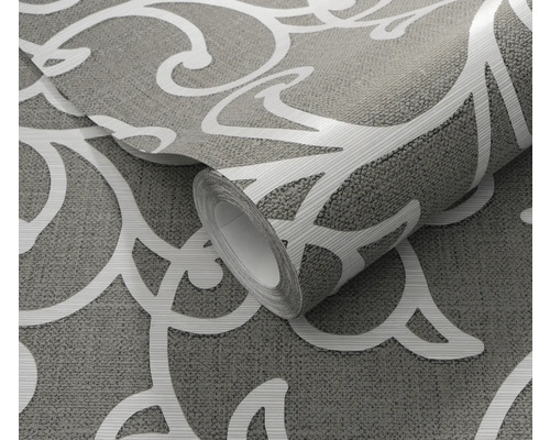 Rol grijs vinylbehang met wit patroon