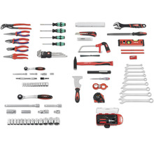 Assortiment van diverse handgereedschappen, waaronder tangen, schroevendraaiers, hamer, moersleutels en meetgereedschap