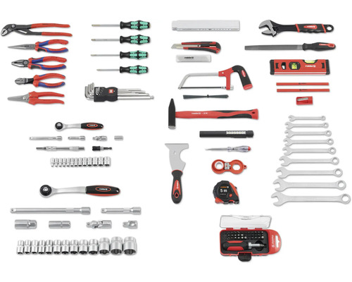Assortiment van diverse handgereedschappen, waaronder tangen, schroevendraaiers, hamer, moersleutels en meetgereedschap