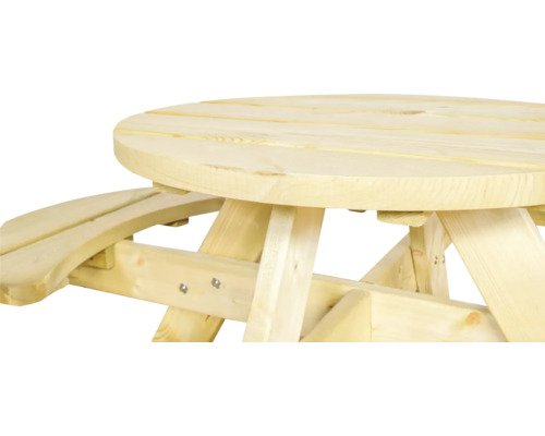 Detailopname van een ronde houten picknicktafel