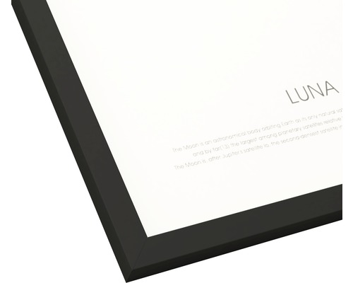 Close-up van een ingelijste print met de tekst Luna en informatie over de maan.