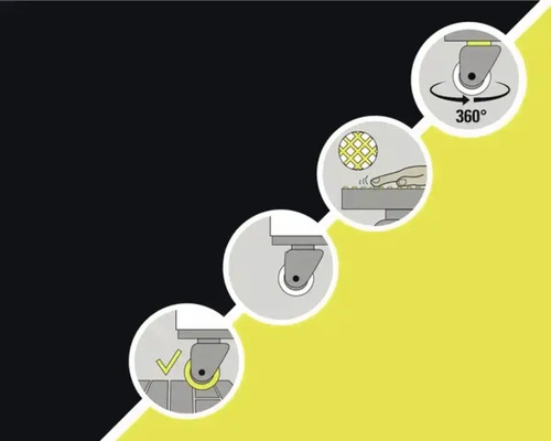 Symbolen ter illustratie van de 360 graden rotatie, de oppervlaktestructuur en de correcte montage van de wielen.