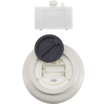 Batterijcompartiment van een lamp met knop en afdekking