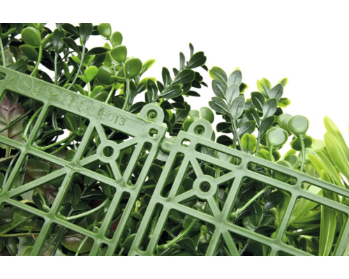 Kunstmatige plantenwand met groene bladeren en kunststof rooster
