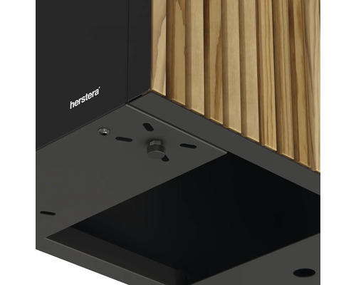 Detailweergave van een Herstera tuinlamp met houten bekleding en bevestigingsmateriaal.