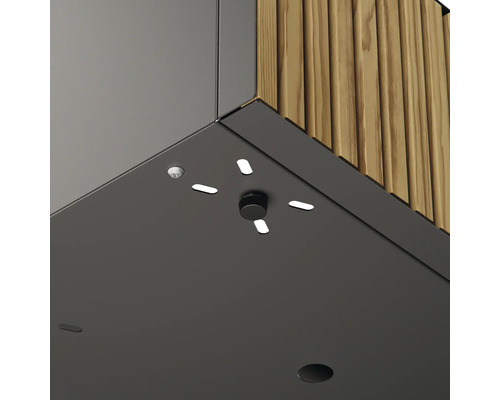 Gedetailleerde weergave van een modern meubel met houten bekleding en geïntegreerde verlichting