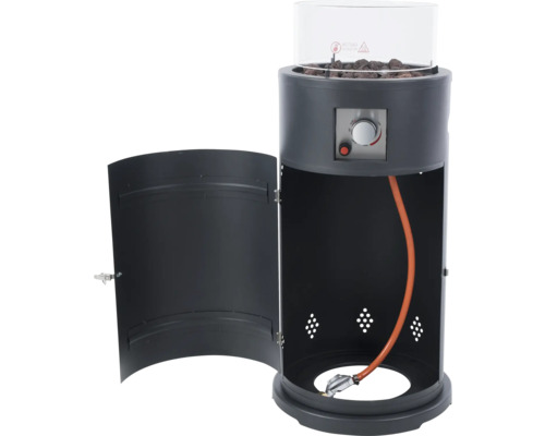 Terrasverwarmer met lavastenen en open deur