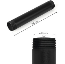 Zwarte pijpnippel met afmetingen 150 mm lengte en 25 mm diameter