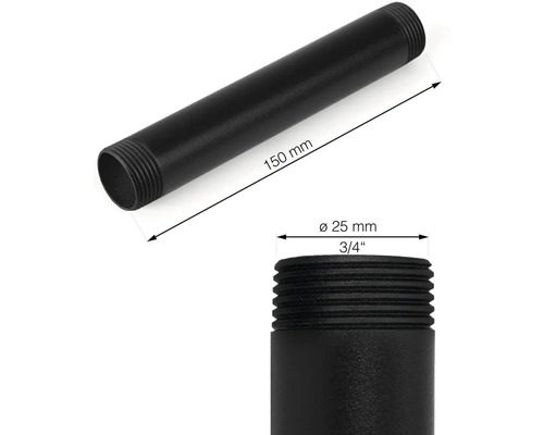 Zwarte pijpnippel met afmetingen 150 mm lengte en 25 mm diameter